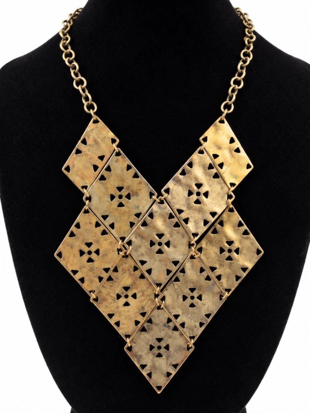 Vintage Style Gold Tone Geometric Diamond Panel Bib Statement Necklace